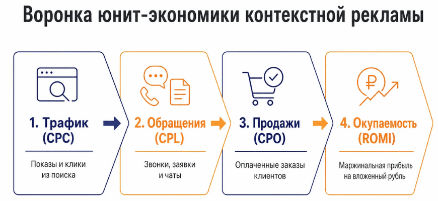 Инфографическая схема воронки юнит-экономики трафик CPC, обращения CPL, продажи CPO и окупаемость ROMI
